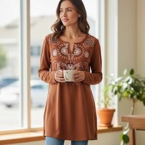 J. Jill Embroidered Tunic Womens Medium Toffee Boho Fall Paisley Floral Knit Top
